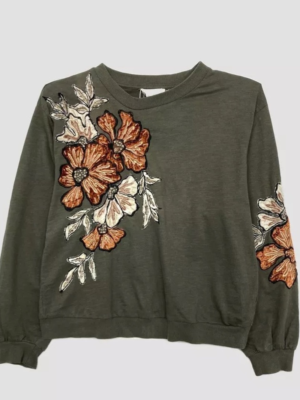 Anthropologie Floral Appliqué Sweatshirt Size S Green Floral - Picture 2 of 6